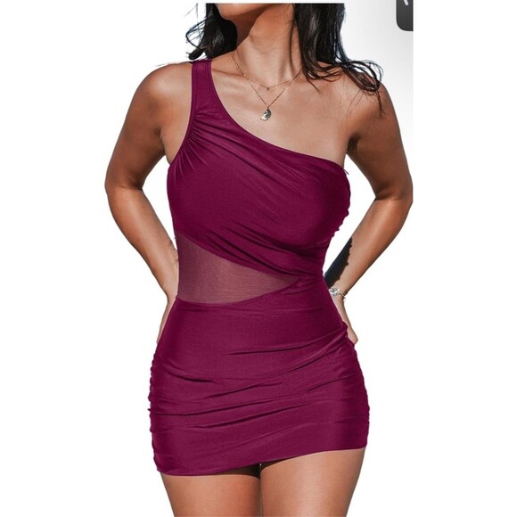 CUPSHE Women's One Piece Swimsuit Asymmetrical Neck Mesh Side NWT Size S Tummy C - Picture 5 of 12